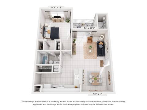 Floor plan for 1 bed, 1 bath, 851 sqft